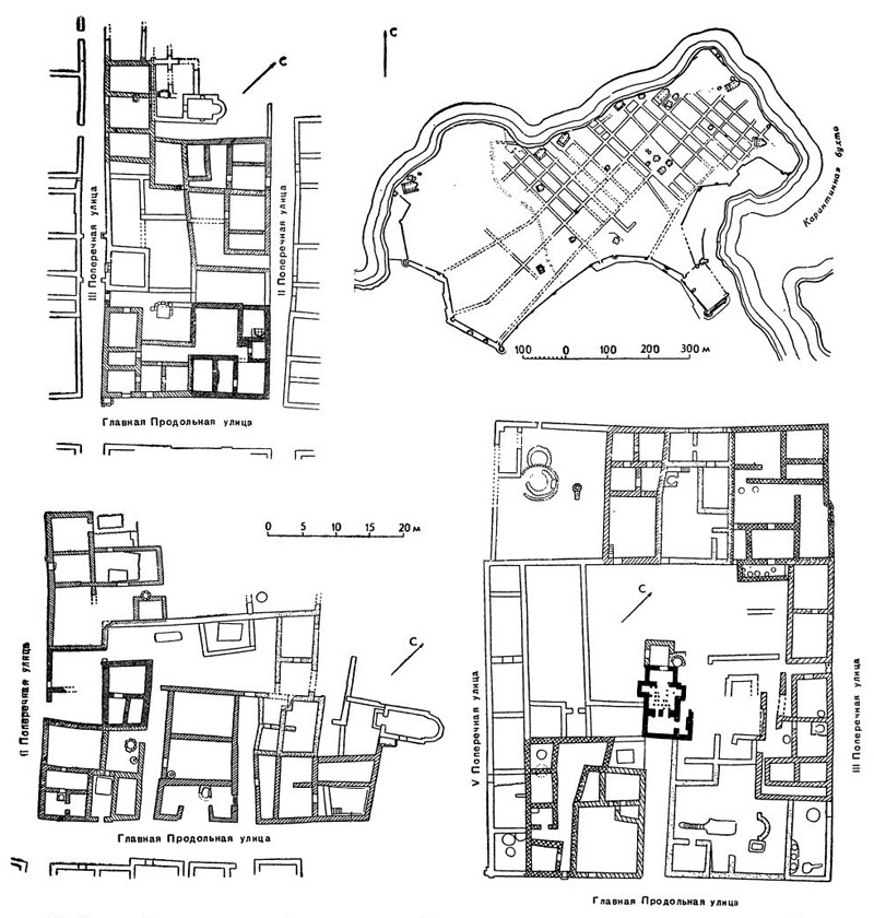 Херсон (Херсонес) около Севастополя в Крыму, античная и византийская эпохи. План города и планы жилых кварталов