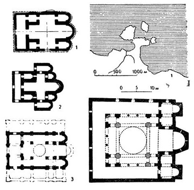 Восточновизантийские церкви: 1 — церковь близ Амасры на о. Буюкада на Чёрном море около малоазийского побережья, начало VIII в. (план местности и план церкви); 2 — церковь в Херсоне (Херсонесе) в Крыму, I-я половина X в.; 3 — церковь в Никее в Малой Азии, конец XI — начало XII в.; 4 — церковь в Майафаркине в Месопотамии, IX в.