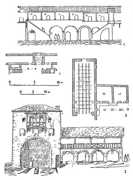 Монастыри в Греции: 1 — кельи монахов (план и дворовый фасад); 2 — сарай для лодок (план и фасад)