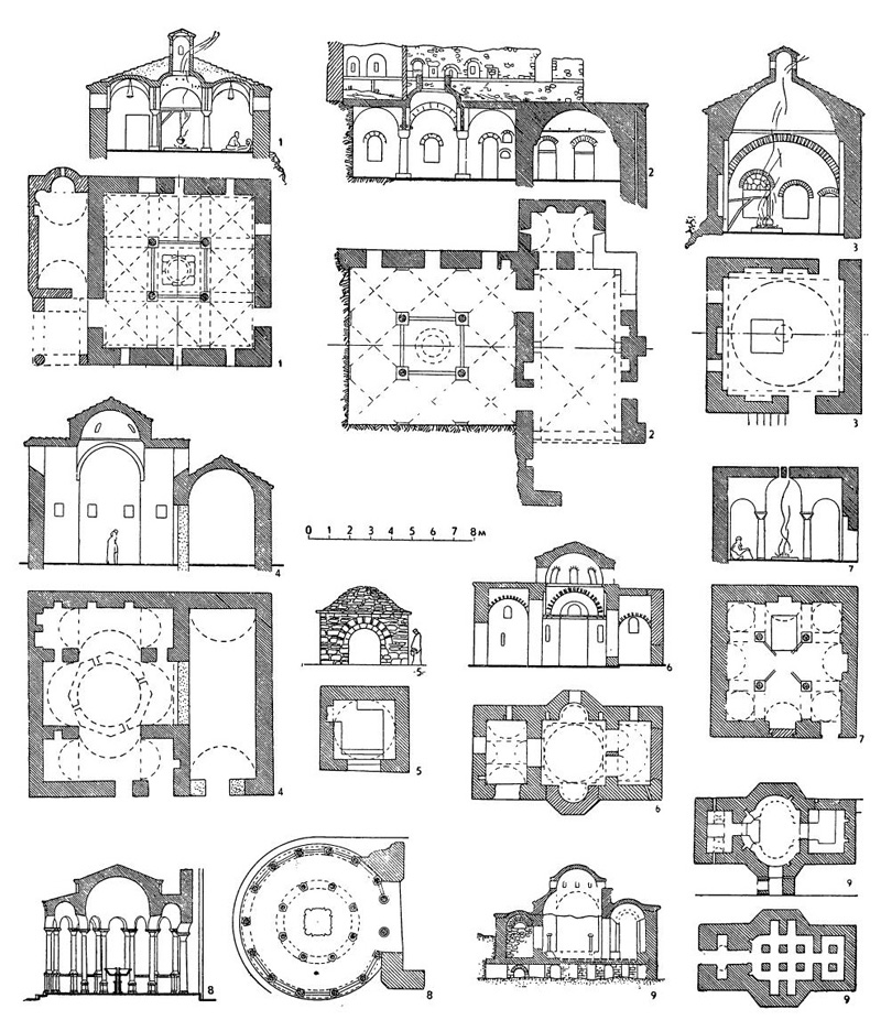 Здания различного назначения в монастырях Греции:  1 — больница (план и разрез); 2 — больница (план и разрез); 3 — кухня (план и разрез); 4 — богадельня (план и разрез); 5 — источник (план и разрез); 6 — баня (план и разрез); 7 — помещение, в котором монахи грелись зимой (план и разрез); 8 — источник (план и разрез); 9 — баня (разрез, план на уровне пола, план на уровне гипокаустов (отопление горячим воздухом под полом)