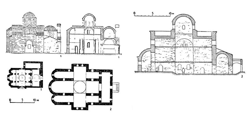 Церкви в Греции:  1 — Кайсариани, конец X — начало XI в. (план, разрез, фасад); 2 — Скрипу, 873—874 гг. (план и разрез)