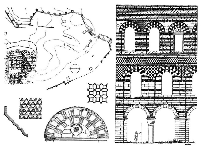 Константинополь. Дворец Текфур-Серай, XIV в.: план городских стен с надстроенным на их стыке дворцовым корпусом; часовня на наружном фасаде; детали фасадов; часть внутреннего фасада