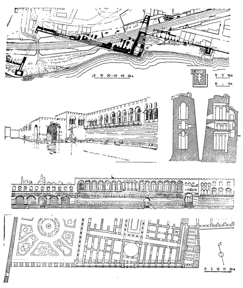 Константинополь. Дворец Буколеон, V—VIII вв.: план сохранившихся частей дворца, реконструкция морского фасада после пристройки лоджии, план и разрезы маяка, реконструкция морского фасада и плана дворца