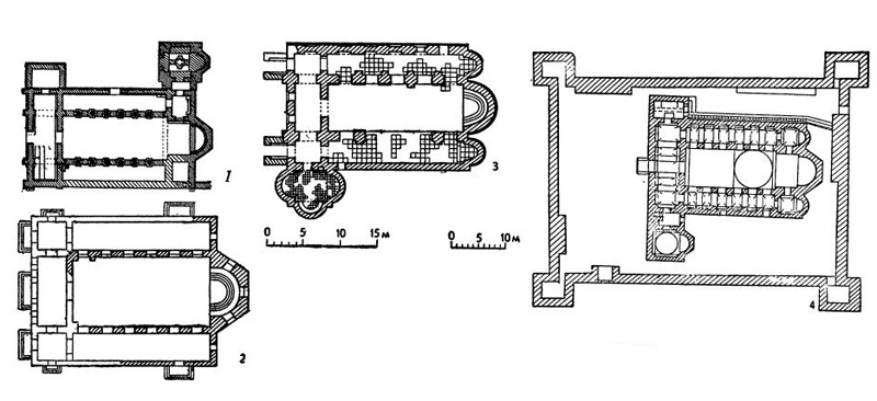 Планы базилик: 1 — на Пириич-тепе близ Варны; 2 — „Старой митрополии“ в Месемврии, вторая половина VI в.; 3 — в Белове, VI а.; 4 — в Пивдопе. VI в.