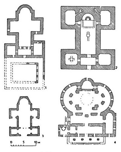 Планы церквей: 1 — в с. Иваияне, V—VI в.; 2 — на Джанавар-тепе близ Варны, V—VI в.; 3 — в Клисекьой. V в.; 4 — „Красной церкви“ в Перуштице VI в.
