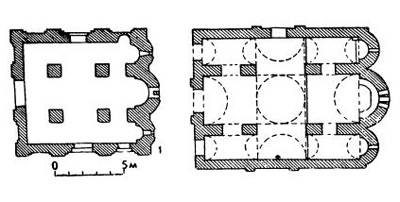 Планы церквей: 1 — Ивана в Месемврии. XII в.; 2 — Ивана Богослова в Земенском монастыре. XIV в.