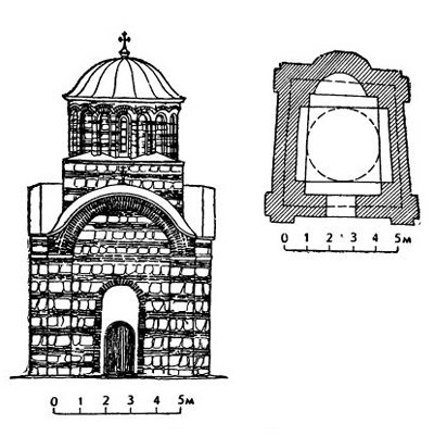 Диноджеция. Церковь. Западный фасад и план