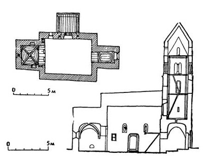 Село Стрею в области Хунедоара. Церковь, XIII в. План и разрез