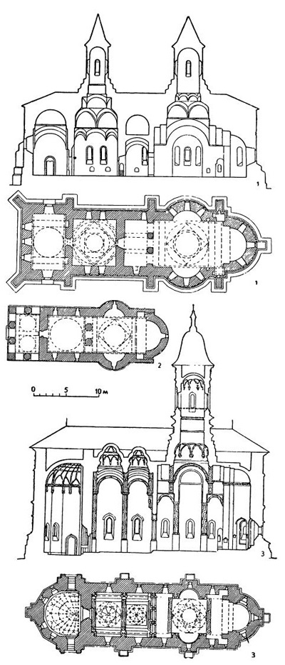 Церкви рубежа XVI и XVII вв.: 1 — Яссы. Церковь монастыря Галата (план и разрез); 2 — церковь в Ароняну. 1594 г. (план); 3 — монастырь Драгомирна. Церковь, 1610 г. (разрез и план)