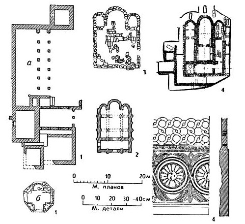 Средневековые сооружения Крыма: 1 — Мангуп; а — дворец, XIII—XIV вв.; б — октогон, VI в.; 2 — Керчь. Церковь Иоанна Предтечи, X—XIII вв.; 3 — Коктебель (Планерское). Базилика, VII—VIII вв.; 4 — Партенит (Фрунзенское). Базилика, VII—VIII вв.