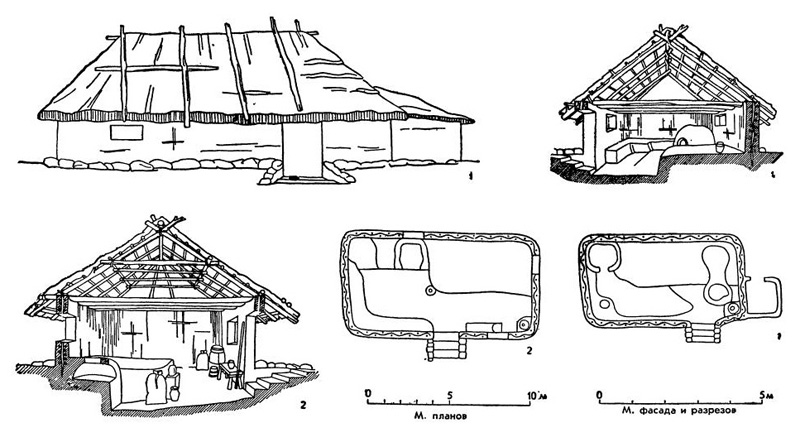 Древнерусское жилище: 1 — реконструкция древнерусского жилища, XI—XII вв. (фасад, разрез и план); 2 — реконструкция древнерусского жилища-мастерской, XI—XII вв. (разрез и план) Древнерусское жилище: 1 — реконструкция древнерусского жилища, XI—XII вв. (фасад, разрез и план); 2 — реконструкция древнерусского жилища-мастерской, XI—XII вв. (разрез и план)