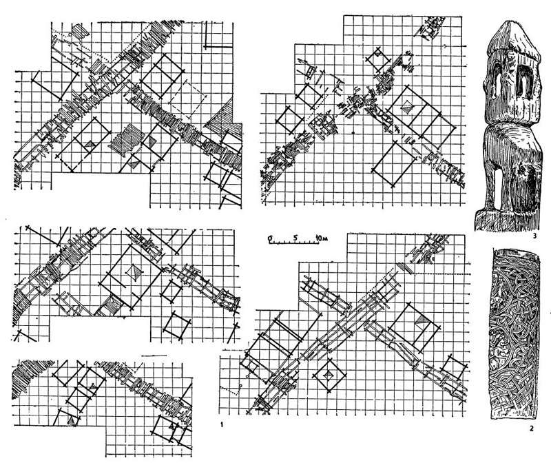 Новгородские жилые дома: 1 — планы новгородских жилых домов X—XI вв.; 2 — фрагмент резного крылечного столба (из новгородских раскопок); 3 — деревянная модель здания (из раскопок) Новгородские жилые дома: 1 — планы новгородских жилых домов X—XI вв.; 2 — фрагмент резного крылечного столба (из новгородских раскопок); 3 — деревянная модель здания (из раскопок)