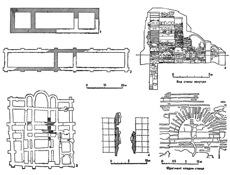 Киев: 1 — дворец X в. к югу от Десятинной церкви; 2 — дворец X в. в Десятинном переулке; 3 — Десятинная церковь, 989—996 гг.; 4 — Золотые ворота