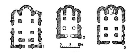 Церкви XII в. 1 — Киев. Церковь Богородицы Пирогощи, 1132—1336 гг.; 2 — Киев. Васильевская (Трёхсвятительская) церковь, 1183 г.; 3 — Переяслав-Хмельницкий. Церковь в Окольном городе, XII в.