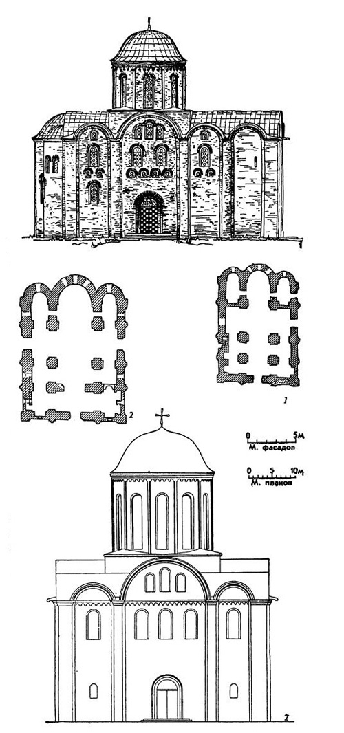 Церкви XII в. 1 — Канев. Юрьевская (Успенская) церковь, 1144 г. (реконструкция северного фасада и план); 2 — Киев. Кирилловская церковь, середина XII в. (западный фасад и план)