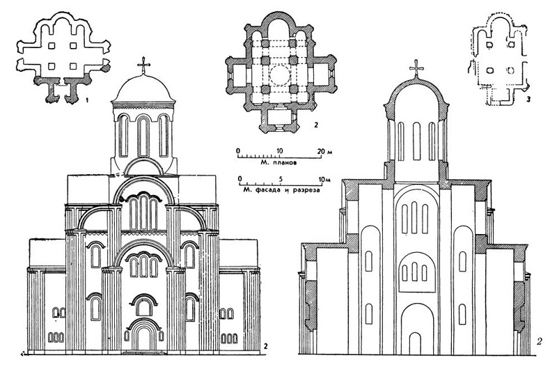 Церкви XII в. 1 — Новгород-Северский. Спасский собор, конец XII в. (план); 2 — Смоленск. Церковь Архангела Михаила (Свирская), 1191—1194 гг. (план, западный фасад, поперечный разрез); 3 — Смоленск. Спасская церковь, 2-я половина XII в. (план)