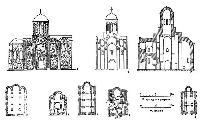 Церкви XII в. 1 — Гродно. Борисоглебская церковь на Коложе, XII в. (северный фасад и план); 2 — Полоцк. Собор Евфросиньевского монастыря, середина XII в., зодчий Иван (западный фасад, продольный разрез и план); 3 — Минск. Церковь на Замчище, XII в. (план); 4 — Витебск. Церковь Благовещения, XII в. (план); 5 — Гродно. Нижняя церковь, XII в. (план)