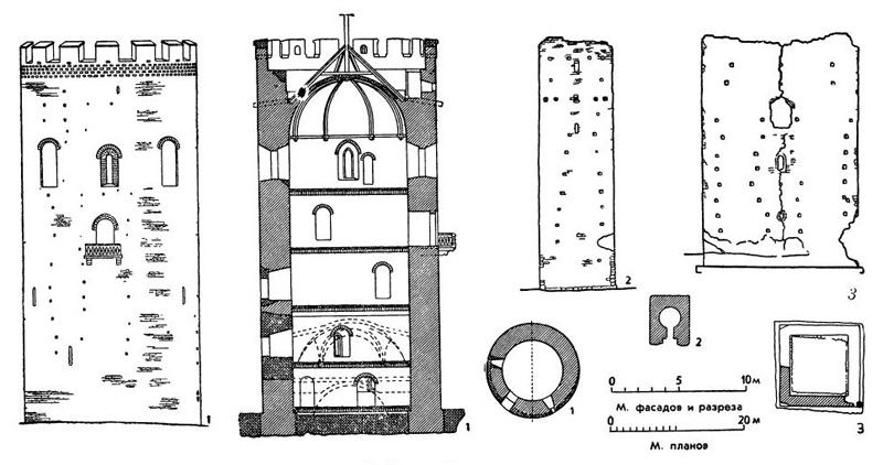 Башни XIII в. 1 — Каменец-Литовский. Белая вежа, конец XIII в. (фасад, разрез и план); 2 — с. Столпье близ г. Холма. Башня, конец XIII в. (фасад и план); 3 — с. Белавино близ г. Холма. Башня, конец XIII в. (фасад и план)
