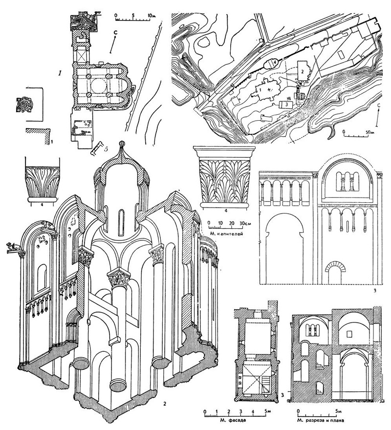 Боголюбово: 1 — план Боголюбова (1 — собор, XIX в.; 2 — новое здание на месте дворца; 3 — Благовещенская церковь, XVII в., перестроена в начале XIX в.; 4 — новые главные ворота); 2 — дворцовый собор Боголюбовского замка (аксонометрия); 3 — лестничная башня Боголюбовского замка (план, разрез, фасад); 4 — капители Боголюбовского замка; 5 — план сохранившихся древних зданий