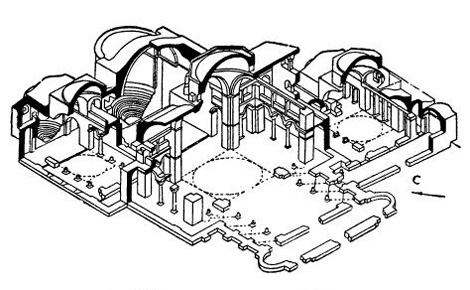 О. Парос. Церковь Панагии Гекатомпилиани, VI—VII вв. Аксонометрический разрез