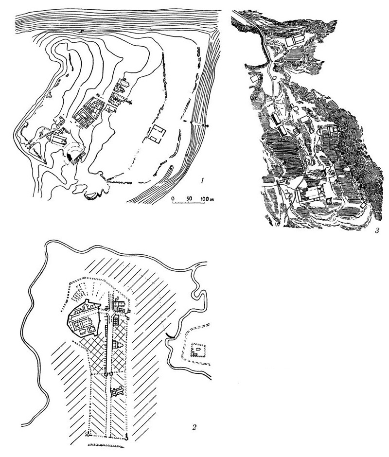Планы византийских городов: 1 — Стоби на Балканском полуострове, VI—VII вв.; 2 — Царицын Град на Балканском полуострове: 3 — Мериамлик в Малой Азии. VI в.