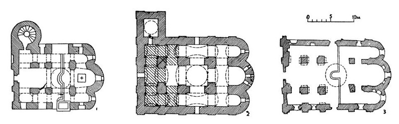 Новгород. 1 — собор Антониева монастыря; 2 — собор Юрьева монастыря; 3 — Николо-Дворищенский собор. Планы