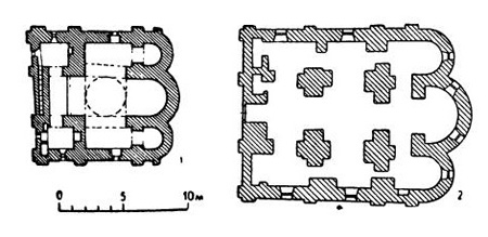 Церкви XII в. 1 — Старая Ладога. Церковь Георгия (план на уровне хор); 2 — Новгород. Церковь Петра и Павла на Синичьей горе (план)