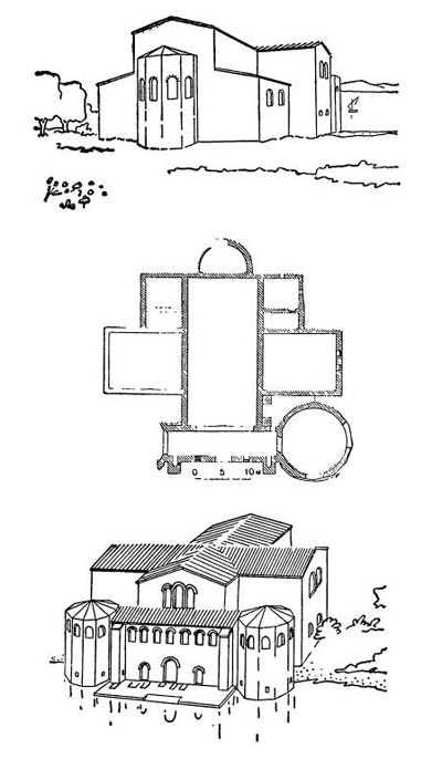 О. Маледа в Адриатическом море. Византийский дворец, V—VI вв.: реконструкция частей дворца со стороны суши; план; реконструкция частей дворца со стороны моря