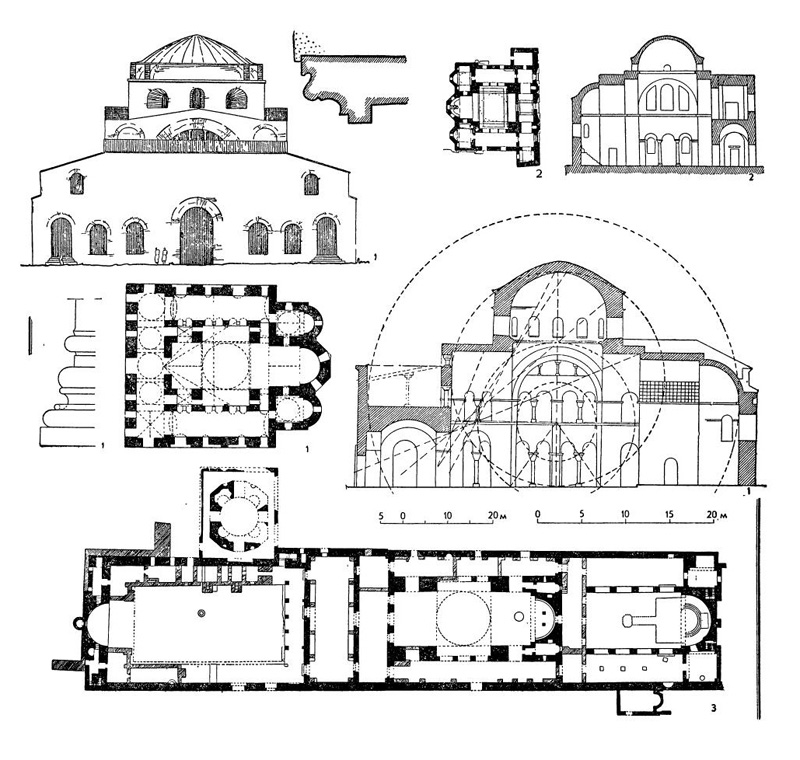 Византийские купольные базилики: 1 — собор Софии в Фессалониках, 1-я половина VIII в. (план, разрез, фасад, база и обрамление двери); 2 — церковь Успения в Никее. начало VIII в. (план и разрез); 3 — церковь Марии в Эфесе. VI в. (план)