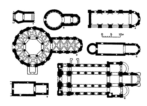 Планы приходских и центрических церквей: 1 — Озльворт (приходская церковь); 2 — Лэдлоу (замковая капелла); 3 — Нортхэмптон (церковь Сент Сепюлькр); 4 — Копфорд (приходская церковь); 5 — Кемпли (приходская церковь); 6 — Мельбурн (приходская церковь); 7 — Хейлс (приходская церковь)