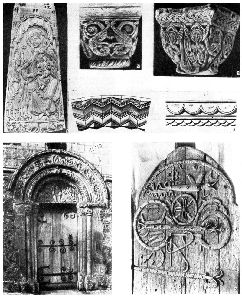Соннинг. Аббатство Рэдинг, XI—XII вв.: 1 — «Поклонение волхвов» (рельеф на камне); 2 — капители; 3 — примеры англо-норманского орнамента; 4 — Стейпель-хэрст. Приходская церковь, XII в. Дверь; 5 — Бэрфрестон (Кент). Приходская церковь. Южный портал, XII в. 
