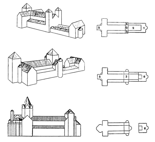 Майнц. Схема развития собора. Реконструкция Вайгерта: 1 — королевская капелла; 2 — атрий; 3 — нартекс; 4 — башни; 5 — хор; 6 — капелла св. Марии