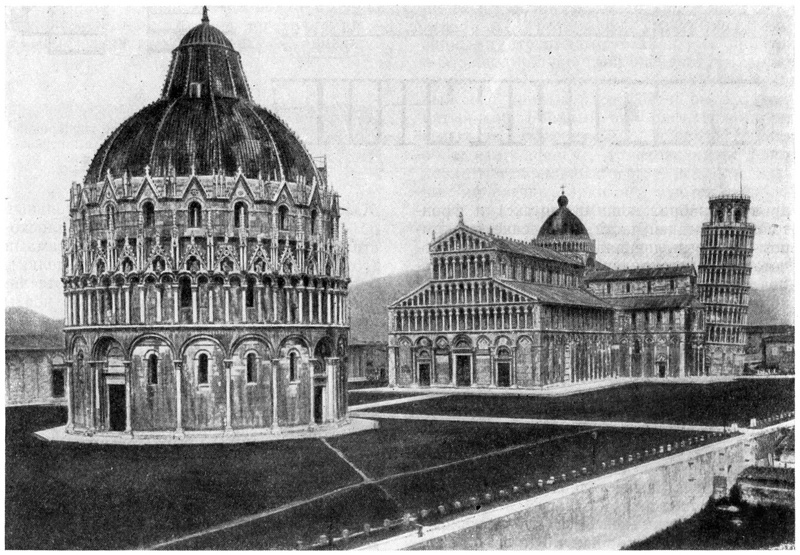 Пиза. Соборная площадь. Баптистерий, начат в 1153 г., Диотисальви; верхняя часть XIII в., Джованни Пизано. Собор, начат в 1063 г., Бускето, удлинение главного нефа и фасады, после 1118 г., Райнальдо. Кампанила, 1173—1350 гг.
