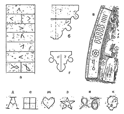 Клейма каменщиков: а — Реймс, церковь Сен Жак; б, в, г — Реймс, собор; д, е, ж, з — Ла Ферте Але, церковь; и, к — Реймс, собор