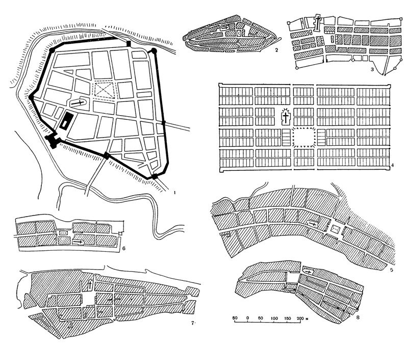 Схемы планировки новых городов: 1 — Монтобан; 2 — Корд; 3 — Бомон-дю-Перигор; 4 — Монпазье; 5 — Монтрежо; б — Бассу; 7 — Валанс-дю-Жер; 8 — Кастильонэ
