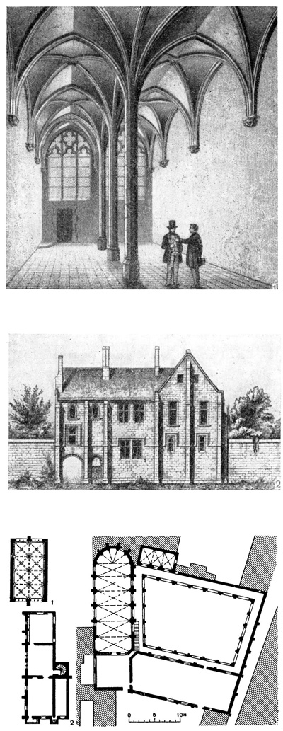 Орлеан. Библиотека университета, так называемый «Диссертационный зал», 1444—1450 гг. (1); Кан. Коллеж Мон-Сен-Мишель, XIV в. (2); Париж. Коллеж Клюни (3)