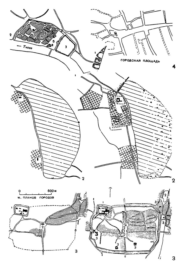 Планы городов: 1 — Сегед (1 — Верхний Сегед; 2 — Нижний Сегед; 3 — замок; 4 — Паланк; 5 — рынок; 6 — Большая улица; 7 — Перевозная улица); 2 — Папа в XII—XIII вв. и в начале XV в.; 3 — Печ в XII в. и в XV в. (1 — епископский замок; 2 — приходские церкви; 3 — монастыри); 4 — Дебрецен. Центр города, XIV—XV вв.