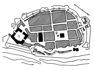 Варшава. Средневековый план города: 1 — замок; 2 — город XIII — XV вв. Варшава. Средневековый план города: 1 — замок; 2 — город XIII — XV вв.