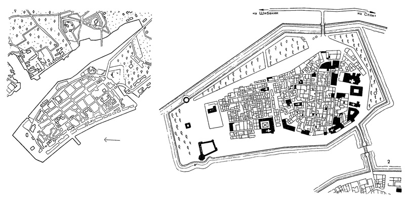 Планы городов: 1 — Задар; 2 — Трогир