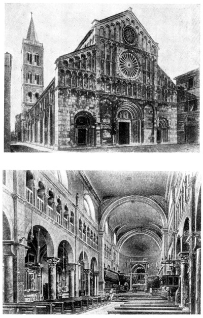 Задар. Собор, 2-я половина XIII в. Вид с северо-запада и внутренний вид с запада