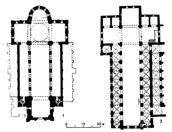 Рибе. Собор, до 1134 г. — до 1162 г. (1); Сорё. Монастырская церковь, 70-е годы XII в. (2)