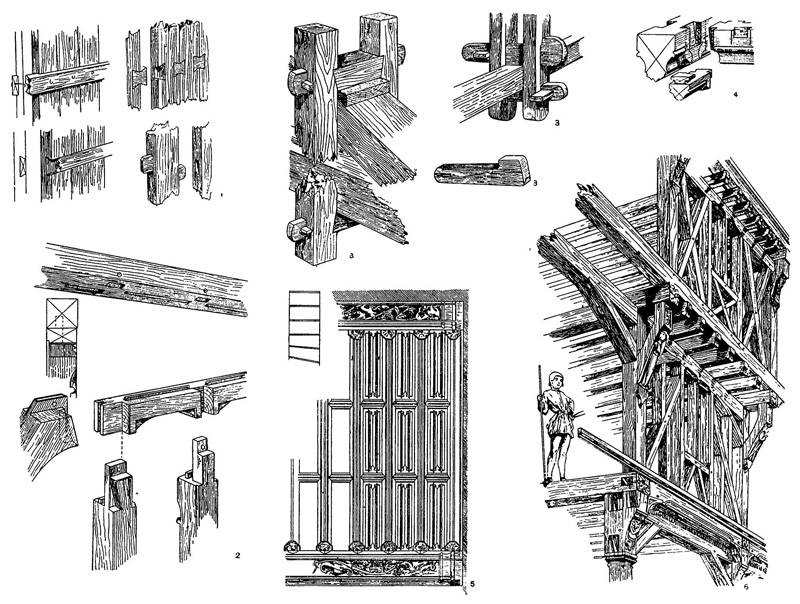 Строительное применение древесины: 1 — способы сплотки досок; 2 — соединения брусьев шипом; 3 — конструкция узлов стропильных ферм; 4 — профили галтельных столярных изделий; 5 — филенчатое дверное полотно; 6 — фахверк Строительное применение древесины: 1 — способы сплотки досок; 2 — соединения брусьев шипом; 3 — конструкция узлов стропильных ферм; 4 — профили галтельных столярных изделий; 5 — филенчатое дверное полотно; 6 — фахверк